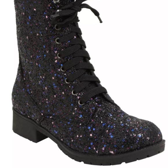 Black & Purple Glitter Combat Boots - Picture 1 of 8